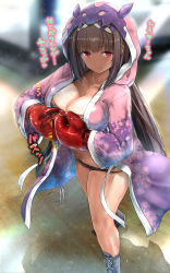 Rule 34 | 1girl, akabeko207, bat (animal), bikini, black hair, boxing, boxing gloves, boxing ring, breasts, brown hair, cleavage, cloak, fate/grand order, fate (series), gradient hair, highres, long hair, looking at viewer, multi-strapped bikini, multicolored hair, osakabehime (fate), osakabehime (swimsuit archer) (fate), pink bikini, pink cloak, purple eyes, smile, solo, swimsuit, twintails, very long hair