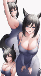Rule 34 | 1girl, :d, :o, absurdres, alternate costume, animal ears, armpits, arms up, ass, bare shoulders, black hair, blue eyes, blush, breasts, bsmage, cleavage, commentary request, covered navel, cowboy shot, dongtan dress, dress, ear ornament, eishin flash (umamusume), from side, grey dress, hair between eyes, hands on own thighs, highres, horse ears, horse girl, horse tail, large breasts, looking at viewer, medium hair, meme attire, multiple views, open mouth, simple background, smile, spaghetti strap, tail, teeth, umamusume, white background