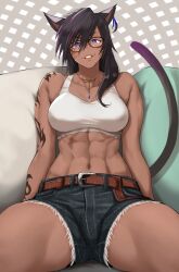 Rule 34 | 1girl, abs, absurdres, anagumasan, animal ears, arm tattoo, warrior of light (ff14), bare shoulders, belt, black hair, breasts, brown belt, cat ears, cat girl, cat tail, collarbone, commentary request, commission, cowboy shot, crop top, cutoffs, dark-skinned female, dark skin, denim, denim shorts, facial mark, final fantasy, final fantasy xiv, glasses, hair between eyes, highres, large breasts, long hair, looking at viewer, midriff, miqo&#039;te, muscular, navel, parted lips, purple eyes, shadow, shorts, sidelocks, sitting, skeb commission, smile, solo, tail, tank top, tattoo, whisker markings, white tank top