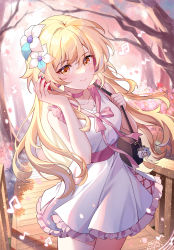 Rule 34 | 1girl, alternate costume, backlighting, bag, bag charm, bare arms, bare shoulders, beamed eighth notes, beamed sixteenth notes, blonde hair, blush, breasts, bridge, casual, charm (object), choker, closed mouth, collarbone, cowboy shot, day, dress, eighth note, flower, frilled dress, frills, genshin impact, gou lianlian dogface, hair flower, hair ornament, hand on headphones, handbag, headphones, highres, long hair, looking at viewer, lumine (genshin impact), medium breasts, musical note, neck ribbon, orange eyes, outdoors, paimon (genshin impact), petals, pink choker, pink ribbon, railing, ribbon, shoulder bag, sleeveless, sleeveless dress, smile, solo, spring (season), tree, very long hair, white dress, white flower