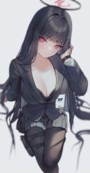 Rule 34 | 1girl, black bra, black hair, black jacket, black pantyhose, blazer, blue archive, blunt bangs, bra, breasts, cleavage, closed mouth, grey background, hair ornament, hairclip, hanato (seonoaiko), highres, holding, holding own hair, jacket, large breasts, long hair, long sleeves, looking at viewer, pantyhose, red eyes, rio (blue archive), simple background, solo, underwear, very long hair