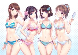 Rule 34 | 4girls, ;d, ;q, arm at side, arm up, armpits, bag, bare shoulders, bikini, black hair, black ribbon, blue bikini, blue eyes, blue ribbon, blunt bangs, bow, bracelet, breasts, brown hair, cleavage, closed mouth, commentary request, food, gradient background, green eyes, hair bow, hair ornament, hairclip, halftone, halftone background, halterneck, head tilt, jewelry, lips, looking at viewer, medium breasts, medium hair, multiple girls, nail polish, navel, nishimura eri, one eye closed, open mouth, original, parted lips, pink bikini, pink bow, polka dot, polka dot bow, ponytail, popsicle, purple eyes, red eyes, red ribbon, ribbon, scrunchie, shoulder bag, side-tie bikini bottom, sidelocks, smile, stomach, striped bikini, striped clothes, swimsuit, tareme, tongue, tongue out, twintails, wrist scrunchie, yellow nails