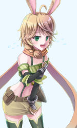 Rule 34 | 1girl, ahoge, animal ears, bare shoulders, belt, blue background, blush, braid, brown hair, clenched hand, cowboy shot, dagger, elbow gloves, embarrassed, female focus, fingerless gloves, flying sweatdrops, gloves, green eyes, green shirt, green thighhighs, hand on own chest, hand up, highres, horn (isekai maou), isekai maou to shoukan shoujo no dorei majutsu, knife, leshade entis, looking at viewer, medium hair, midriff, miniskirt, navel, nervous, off-shoulder shirt, off shoulder, orange scarf, pencil skirt, pouch, rabbit ears, rabbit girl, scarf, sheath, sheathed, shirt, sidelocks, simple background, single braid, skindentation, skirt, skirt tug, solo, standing, stomach, striped clothes, striped shirt, thighhighs, weapon, yellow skirt, zettai ryouiki