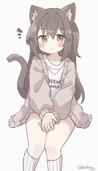 Rule 34 | 1girl, absurdres, animal ears, blush, brown hair, cat ears, cat girl, cat tail, closed mouth, coat, colon br, cowboy shot, highres, kneehighs, original, smile, socks, solo, striped clothes, striped socks, tail, white background