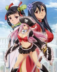 Rule 34 | 10s, 3girls, absurdres, black hair, breasts, captain liliana, dress, hat, highres, large breasts, miniskirt, multiple girls, official art, pink eyes, pink hair, pirate, pirate hat, queen&#039;s blade, queen&#039;s blade rebellion, red dress, red eyes, rin-sin, sainyang (queen&#039;s blade), siblings, sisters, skirt, smile, standing, sword, tarnyang (queen&#039;s blade), twins, weapon, white dress
