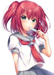 Rule 34 | 10s, 1girl, blush, food, green eyes, kurosawa ruby, looking at viewer, love live!, love live! sunshine!!, ntk (7t5), popsicle, red hair, school uniform, serafuku, short hair, simple background, skirt, solo, twintails, two side up, white background