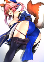 Rule 34 | 1girl, absurdres, animal ear fluff, animal ears, ass, bare shoulders, black thighhighs, bow, breasts, dress, fang, fate/extra, fate (series), fox ears, fox girl, fox tail, hair between eyes, hair bow, highres, leaning forward, leg up, long hair, long sleeves, looking at viewer, off-shoulder dress, off shoulder, open mouth, panties, panty pull, pelvic curtain, sidelocks, skin fang, smile, solo, tail, tamamo (fate), tamamo no mae (fate/extra), thighhighs, thighs, underwear, wisespeak