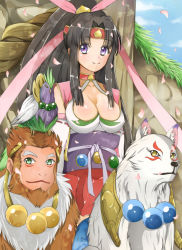 Rule 34 | 1girl, bird, black hair, breasts, cleavage, detached sleeves, dog, hair ribbon, headband, inugami (momokyun), kijigami (momokyun), long hair, looking at viewer, matsurika (j297021302), momo kyun sword, momoko (momokyun), monkey, ponytail, purple eyes, ribbon, sarugami (momokyun), skirt