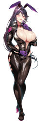 Rule 34 | 1girl, absurdres, animal ears, black bodysuit, blush, bodysuit, breasts, center opening, choker, cleavage, closed mouth, commentary request, fake animal ears, finger to mouth, full body, gloves, gradient background, hair ornament, hand up, highres, huge breasts, index finger raised, lipstick, long hair, long sleeves, looking at viewer, makeup, mizuki (bunnystein fantasy), mole, mole on breast, mole under mouth, original, ponytail, purple gloves, purple hair, rabbit ears, red eyes, senri gan, shiny clothes, shiny skin, shushing, simple background, skin tight, solo, standing, sweat, sweatdrop, white background, zipper, zipper pull tab