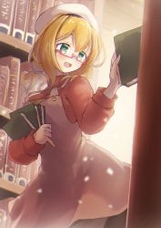 Rule 34 | 1girl, alternate costume, black pantyhose, blonde hair, book, book stack, bookshelf, breasts, day, dress, glasses, green eyes, hair between eyes, hat, highres, holding, holding book, i-8 (kancolle), indoors, kantai collection, library, long sleeves, low twintails, medium breasts, open mouth, pantyhose, peaked cap, red-framed eyewear, red shirt, ribbed shirt, sailor hat, semi-rimless eyewear, shirt, sleeveless, sleeveless dress, solo, twintails, under-rim eyewear, yomitsuna