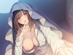 Rule 34 | 1girl, :d, absurdres, bedroom, blanket, blurry, breasts, brown hair, ceiling, cleavage, collarbone, curtains, depth of field, finger to mouth, foreshortening, heart, heart-shaped pupils, highres, indoors, koikawa minoru, large breasts, looking at viewer, medium hair, nipples, non-web source, one breast out, open clothes, open mouth, open shirt, original, pajamas, red eyes, smile, solo, symbol-shaped pupils, under covers, white pajamas