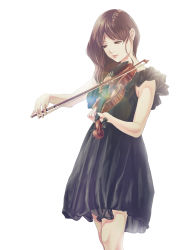 Rule 34 | 1girl, brown eyes, brown hair, dress, highres, instrument, kinoebi, lips, music, original, playing instrument, simple background, solo, violin, white background