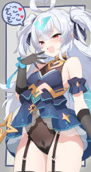 Rule 34 | 1girl, absurdres, ahoge, antenna hair, aqua pupils, armpit crease, bare shoulders, blue bow, blue ribbon, blush, border, bow, brown leotard, designer lilibet (epic seven), epic seven, eyes visible through hair, fang, gloves, grey border, grey gloves, grey hair, hair between eyes, heart, heart ahoge, heart antenna hair, highres, leotard, lilibet (epic seven), long hair, open mouth, red eyes, ribbon, see-through, serin199, short twintails, skin fang, smile, solo, speech bubble, spoken heart, thigh strap, tongue, twintails, wrist bow