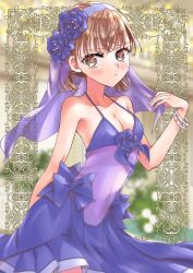 Rule 34 | 1girl, ayuko (ayuko54bornthisway), blurry, blurry background, blush, breasts, brown eyes, brown hair, cleavage, closed mouth, commentary request, covered navel, dress, halterneck, highres, looking at viewer, medium breasts, misaka mikoto, multiple bracelets, official alternate costume, purple dress, purple veil, see-through, see-through dress, sleeveless, sleeveless dress, solo, toaru majutsu no index, toaru majutsu no index: new testament