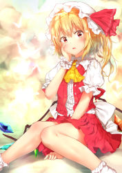 Rule 34 | 1girl, ascot, bare legs, blonde hair, blush, bobby socks, commentary request, flandre scarlet, hand on own cheek, hand on own face, hat, hat ribbon, highres, long hair, looking at viewer, miniskirt, mob cap, open clothes, open vest, puffy short sleeves, puffy sleeves, red eyes, red ribbon, red skirt, ribbon, sakusyo, short sleeves, sitting, skirt, skirt set, socks, solo, touhou, vest, white hat, white socks, wings, wrist cuffs