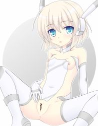 Rule 34 | 1girl, anus, bad id, bad pixiv id, blonde hair, blue eyes, blush, boots, breasts, censored, elbow gloves, gloves, hair ornament, highres, looking at viewer, nipples, noveske n4, original, peeling, pussy, short hair, sitting, small breasts, solo, spread legs, thighhighs, white thighhighs