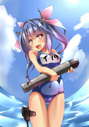 Rule 34 | 10s, 1girl, blue hair, blush, breasts, cloud, covered navel, day, fang, gradient hair, hair ribbon, holding, i-19 (kancolle), kantai collection, looking at viewer, multicolored hair, one-piece swimsuit, open mouth, purple hair, ribbon, school swimsuit, sky, solo, star-shaped pupils, star (symbol), swimsuit, symbol-shaped pupils, thigh gap, torpedo, unomi, water