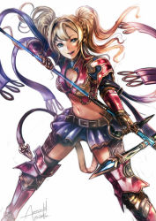 Rule 34 | 10s, 1girl, amasaki yusuke, armor, armored boots, blonde hair, boots, breasts, cleavage, gauntlets, granblue fantasy, green eyes, holding, holding weapon, long hair, navel, shoulder armor, signature, solo, pauldrons, weapon, zeta (granblue fantasy)