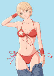 Rule 34 | 1girl, absurdres, alice garnet nakata, bikini, blonde hair, blue background, blue pants, breasts, cleavage, clothes pull, collarbone, cowboy shot, denim, front-tie bikini top, front-tie top, green eyes, hand in own hair, head tilt, highres, jeans, medium breasts, navel, open fly, pants, pants pull, popo agaga, print bikini, red bikini, red ribbon, ribbon, shiny skin, short hair, side-tie bikini bottom, simple background, solo, standing, star (symbol), star print, swimsuit, the king of fighters, thigh gap, undressing, unzipped, wet, wristband