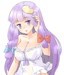 Rule 34 | 1girl, adjusting hair, arnest, blush, bow, breasts, camisole, cleavage, crescent, crescent hair ornament, hair bow, hair ornament, large breasts, long hair, looking at viewer, open mouth, patchouli knowledge, purple eyes, purple hair, simple background, sketch, solo, strapless, touhou, upper body, white background