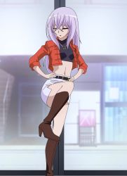 Rule 34 | 1girl, bare legs, belt, boots, cardfight!! vanguard, cropped jacket, closed eyes, female focus, hand on own hip, high heel boots, high heels, highres, indoors, jewelry, leg up, legs, long hair, long legs, midriff, miniskirt, navel, necklace, pencil skirt, screencap, skirt, solo, standing, stitched, tagme, third-party edit, tokura misaki, white hair