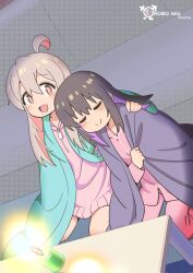 Rule 34 | 2girls, :d, ahoge, artist name, black hair, blanket, brown eyes, candle, closed eyes, colored inner hair, commentary, copyright name, corrupted twitter file, couch, dot nose, english text, genderswap, genderswap (mtf), grey hair, hair between eyes, hand on another&#039;s shoulder, highres, indoors, leaning on person, light blush, long hair, long sleeves, male-female symbol, multicolored hair, multiple girls, on floor, onii-chan wa oshimai!, open mouth, oyama mahiro, oyama mihari, pajamas, pants, pink hair, pink pajamas, pink pants, purple hair, robomito, siblings, sisters, sitting, smile, table, two-tone hair, zipper pull tab