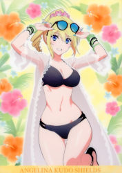 Rule 34 | 1girl, absurdres, angelina kudou shields, artist request, bikini, black bikini, blonde hair, blue eyes, bracelet, breasts, character name, cleavage, highres, jewelry, looking at viewer, mahouka koukou no rettousei, nail polish, navel, official art, ponytail, see-through, solo, sunglasses, sunglasses on head, swimsuit