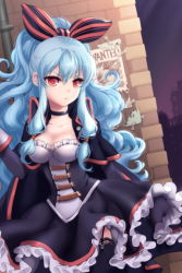 Rule 34 | 1girl, arm up, belt, black thighhighs, blue hair, bow, brick wall, cape, choker, cloak, collarbone, curly hair, dress, female focus, frilled dress, frills, frown, garter straps, gloves, hair bow, high ponytail, industrial pipe, linus falco, long hair, low twintails, lowres, night, paper, poster, poster (object), red eyes, ribbon, serious, solo, strap, striped, sword girls, thighhighs, twintails, wanted