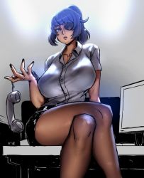 Rule 34 | breasts, collarbone, collared shirt, desk, dress shirt, eu03, eyepatch, grey eyes, hair intakes, holding, holding phone, huge breasts, miniskirt, monitor, nail, nail polish, office, office lady, on desk, original, pantyhose, phone, ponytail, purple hair, shirt, sitting, on desk, skirt, solo, thick thighs, thighs