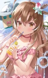 Rule 34 | 1girl, absurdres, ahoge, bikini, bow, bowtie, brown eyes, brown hair, bubble, cloud, cloudy sky, drinking straw, drinking straw in mouth, feather hair ornament, feathers, flower, food, friend (nanashi mumei), fruit, glass, hair flower, hair ornament, hair ribbon, hairclip, hat, highres, hololive, hololive english, lemon, lemon slice, long hair, looking at viewer, multicolored hair, nanashi mumei, pink bikini, pink bow, pink bowtie, ribbon, rokusketch, sky, streaked hair, sun hat, swimsuit, very long hair, virtual youtuber