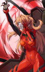 Rule 34 | 1girl, absurdres, angry, arms up, blood, blood on face, blue eyes, bodysuit, brown hair, covered face, curvy, fangs, hanho, highres, injury, interface headset, long hair, looking up, neon genesis evangelion, pilot suit, plugsuit, red bodysuit, sharp teeth, shiny clothes, simple background, solo, souryuu asuka langley, teeth, the end of evangelion, wide hips