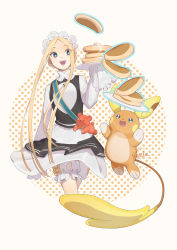 Rule 34 | 1girl, :d, abigail williams (fate), absurdres, alolan form, alolan raichu, aqua eyes, bad id, bad twitter id, blonde hair, bloomers, border, commentary request, creatures (company), crossover, eyelashes, fate/grand order, fate (series), food, game freak, gen 7 pokemon, glowing, hand up, happy, headdress, highres, kyojo128, long sleeves, nintendo, official alternate costume, open mouth, pancake, plate, pokemon, pokemon (creature), short hair with long locks, sidelocks, sleeves past fingers, sleeves past wrists, smile, teeth, tongue, underwear, upper teeth only, white border