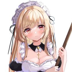 Rule 34 | 1girl, amefukura art, blonde hair, breasts, cleavage, commentary request, detached collar, frown, highres, long hair, looking at viewer, maid headdress, medium breasts, original, red eyes, simple background, solo, tearing up, upper body, white background, white headwear