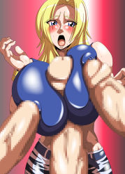 Rule 34 | blonde hair, blue eyes, blush, breasts, censored, clothed sex, covered erect nipples, dead or alive, group sex, highres, huge breasts, midriff, nipple penetration, open mouth, paizuri, penis, sweat, tecmo, tina armstrong