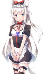 Rule 34 | 1girl, american flag, american flag print, animal ears, apron, azur lane, black bow, black dress, black thighhighs, blue eyes, blush, bow, breasts, cat ears, cat girl, cat tail, commentary request, dress, flag print, frilled apron, frilled dress, frills, hair between eyes, hair bow, hammann (azur lane), highres, kemonomimi mode, long hair, looking at viewer, ochanoda, parted lips, print neckwear, puffy short sleeves, puffy sleeves, red bow, short sleeves, signature, silver hair, simple background, small breasts, solo, tail, thighhighs, very long hair, waist apron, white apron, white background, wrist cuffs