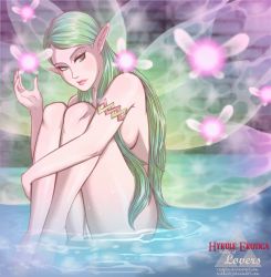Rule 34 | 1girl, armlet, barefoot, breasts, fairy, fairy wings, great fairy (zelda), green eyes, green hair, highres, hugging own legs, lips, lipstick, long hair, makeup, nail polish, nintendo, nose, nude, partially submerged, pointy ears, pussy, r3dfive, sideboob, sitting, solo focus, swept bangs, the legend of zelda, the legend of zelda: twilight princess, uncensored, water, watermark, web address, wet, wings