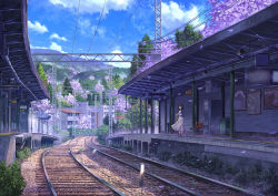 Rule 34 | 1girl, blue jacket, blue sky, brown hair, chair, cherry blossoms, cloud, cloudy sky, commentary request, day, flower, grass, highres, jacket, mountain, niko p, open clothes, open jacket, original, pink footwear, power lines, railroad tracks, scenery, skirt, sky, solo, standing, train station, tree, vending machine, white skirt