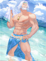 Rule 34 | 1boy, abs, alternate costume, bara, bare pectorals, beach, beard, body hair, cid nan garlond, cloud, cloudy sky, day, facial hair, feet out of frame, final fantasy, final fantasy xiv, flower, hand on own hip, head tilt, highres, jewelry, large pectorals, looking up, male focus, male pubic hair, medium hair, muscular, muscular male, navel, navel hair, necklace, nipples, old, old man, oricalcon, outdoors, pectorals, pubic hair, sarong, sky, smile, solo, stomach, thick thighs, thighs, wet, white flower, white hair