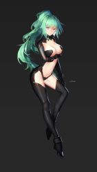 Rule 34 | 1girl, artist name, bodysuit, boots, breast hold, breasts, center opening, cleavage, contrapposto, expressionless, full body, gradient background, green hair, green heart (neptunia), highres, kami jigen game neptune v, large breasts, long hair, looking at viewer, navel, neptune (series), ponytail, purple eyes, revealing clothes, simple background, solo, standing, swd3e2, thigh boots, thighhighs, vert (neptunia), very long hair
