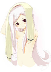 Rule 34 | 00s, 1girl, armpits, arms up, blush, female focus, flat chest, fujishiro touma, long hair, lucy maria misora, nipples, pink eyes, solo, to heart (series), to heart 2, topless, topless frame, upper body, very long hair, white hair