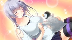Rule 34 | 1girl, ^ ^, ane yome concerto, artistic error, ayase hazuki, baby penguin, bird, blush, breasts, closed eyes, dutch angle, female focus, game cg, gradient background, hair ornament, hairpin, hime cut, large breasts, long hair, penguin, silver hair, skirt, smile, solo, sparkle, striped clothes, striped thighhighs, sylvie yaburonya hidaka, thighhighs, zettai ryouiki