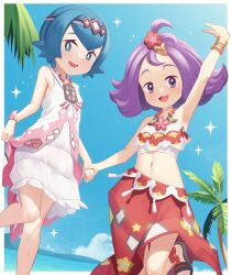 Rule 34 | 2girls, acerola (pokemon), acerola (sygna suit) (pokemon), arm up, armlet, blue eyes, blue hair, border, bracelet, bright pupils, cloud, commentary request, creatures (company), day, dress, flipped hair, flower, game freak, gazing eye, hair flower, hair ornament, hairband, highres, holding hands, jewelry, knees, lana (pokemon), lana (sygna suit) (pokemon), leg up, looking at viewer, looking down, medium hair, multiple girls, navel, necklace, nintendo, no sclera, official alternate costume, outdoors, palm tree, pink hairband, pokemon, pokemon masters ex, purple hair, red flower, red skirt, sandals, shirt, short hair, skirt, sky, sleeveless, sleeveless shirt, sweatdrop, topknot, tree, white border, white dress, white pupils, white shirt