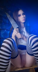 Rule 34 | alice: madness returns, alice (alice in wonderland), alice in wonderland, alice liddell (american mcgee&#039;s alice), american mcgee&#039;s alice, american mcgee's alice, apron, black hair, cosplay, green eyes, highres, knife, long hair, photo (medium), pussy, striped legwear, uncensored, vandych