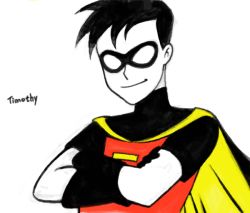 Rule 34 | 1boy, batman: the animated series, batman (series), black hair, cape, character name, crossed arms, dc comics, dcau, domino mask, gloves, male focus, mask, robin (dc), simple background, smile, smirk, solo, tim drake