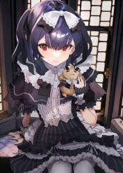 Rule 34 | 1girl, absurdres, black background, black hair, bow, doll, dress, frilled dress, frills, gothic lolita, hair bow, highres, idolmaster, idolmaster shiny colors, lolita fashion, looking at viewer, medium hair, morino rinze, red eyes, short twintails, sidelocks, simple background, solo, twintails, uouokuma, upper body, wrist cuffs