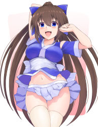 Rule 34 | 1girl, :d, absurdres, arm up, blue bow, blue eyes, blue skirt, bow, breasts, brown background, brown hair, collarbone, commentary request, groin, hair bow, high ponytail, highres, long hair, looking at viewer, medium breasts, nagasarete airantou, navel, obi, open mouth, pleated skirt, ponytail, sash, short sleeves, skindentation, skirt, smile, solo, suzu (nagasarete airantou), teeth, temari rin, two-tone background, upper teeth only, very long hair, white background, white legwear