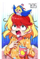 Rule 34 | 1girl, absurdres, animal, animal on head, animal print, bird, bird on head, bird print, blonde hair, clownpiece, cup, highres, holding, holding cup, looking up, multicolored hair, niwatari kutaka, on head, open mouth, pajamas, ranka (tonbo), red eyes, surprised, time paradox, timestamp, toothbrush, touhou, two-tone hair, wide-eyed, yellow pajamas
