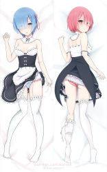 Rule 34 | 10s, 2girls, apron, ass, bed sheet, black dress, blue eyes, blue hair, blue panties, breasts, closed mouth, commentary request, dakimakura (medium), detached collar, dress, eyes visible through hair, frilled apron, frilled dress, frills, from behind, frown, garter straps, gluteal fold, hair ornament, hair over one eye, highres, lace, lace-trimmed legwear, lace trim, looking at viewer, looking back, lying, medium breasts, multiple girls, on back, on bed, on stomach, panties, parted lips, pink eyes, pink hair, pink panties, ram (re:zero), re:zero kara hajimeru isekai seikatsu, rem (re:zero), rokuuso, short dress, short hair, siblings, sisters, spaghetti strap, strap slip, strapless, thighhighs, thighhighs pull, twins, twitter username, underwear, waist apron, watermark, web address, white legwear, x hair ornament