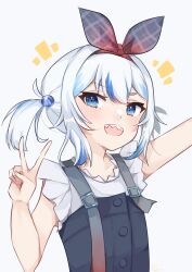 Rule 34 | 1girl, :d, absurdres, arm up, blue eyes, blue hair, blush, bow, commentary, english commentary, gawr gura, gawr gura (casual), hair bobbles, hair bow, hair ornament, highres, hirasawa izumi, hololive, hololive english, multicolored hair, open mouth, sharp teeth, shirt, short twintails, simple background, sleeveless, sleeveless shirt, smile, solo, streaked hair, teeth, twintails, upper body, v, virtual youtuber, white background, white hair