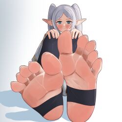 Rule 34 | 1girl, absurdres, black pantyhose, bush, feet, foot focus, frieren, green eyes, highres, long hair, looking down, pantyhose, pointy ears, sero, simple background, sitting, soles, solo, sousou no frieren, toes, twintails, white background, white hair